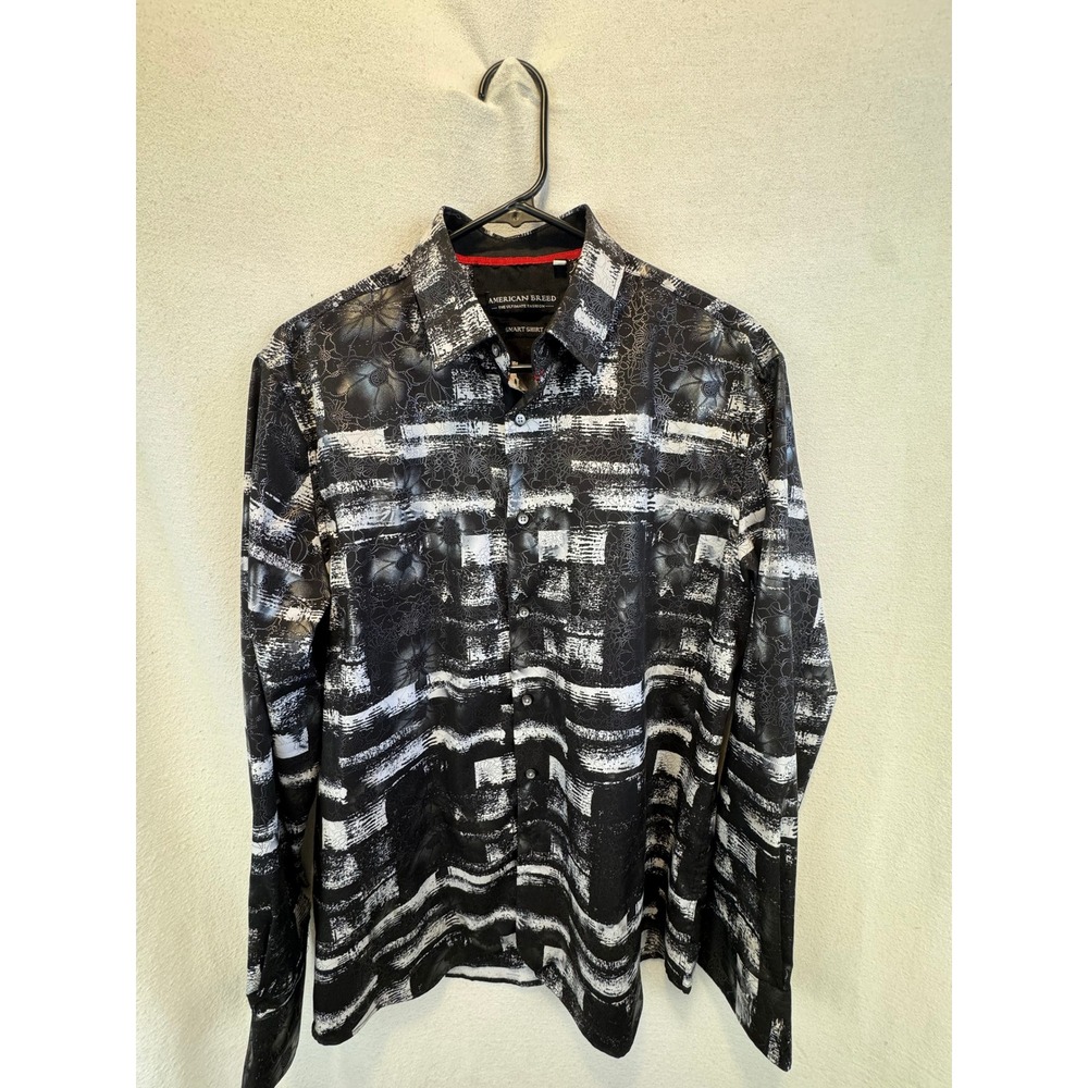 American Breed Shirt Black White Abstract Floral  Shirt Button Up Long Sleeve